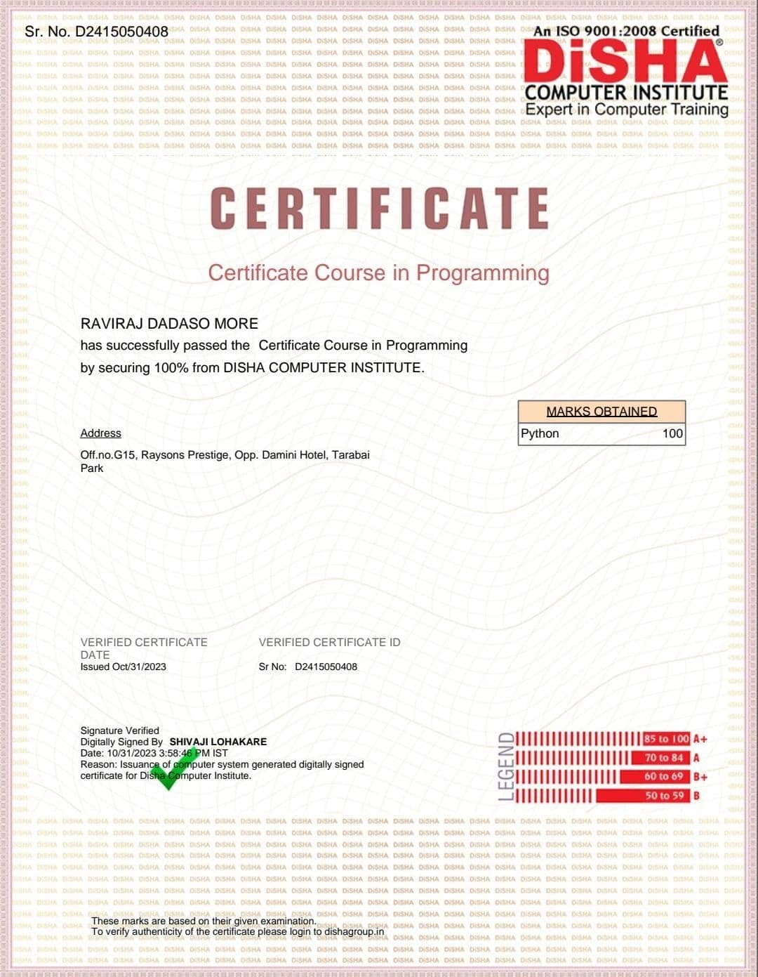 Certificate Course in Python Programming certificate