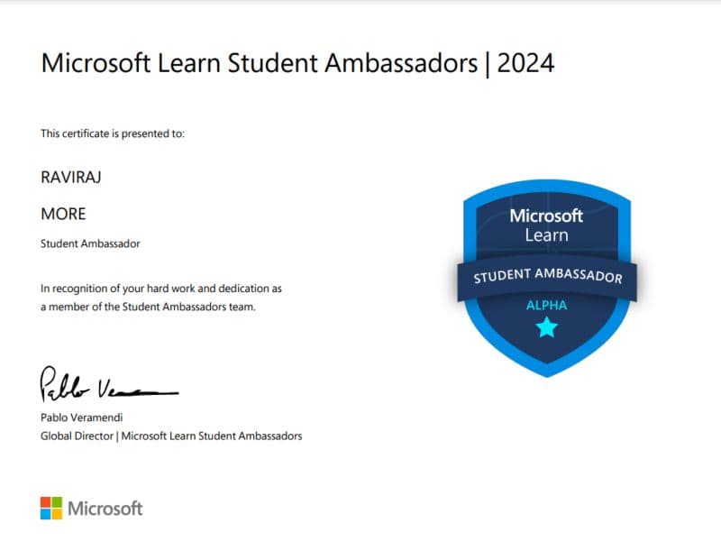 Microsoft Learn Student Ambassador certificate
