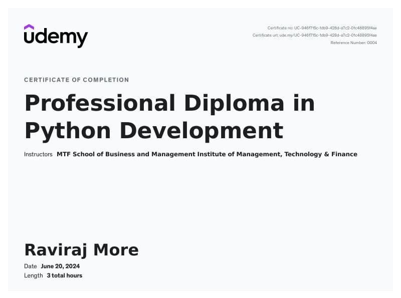 Professional Diploma in Python Development certificate