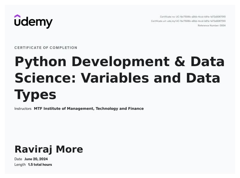 Python Development and Data Sciences: Variables and Data Types certificate