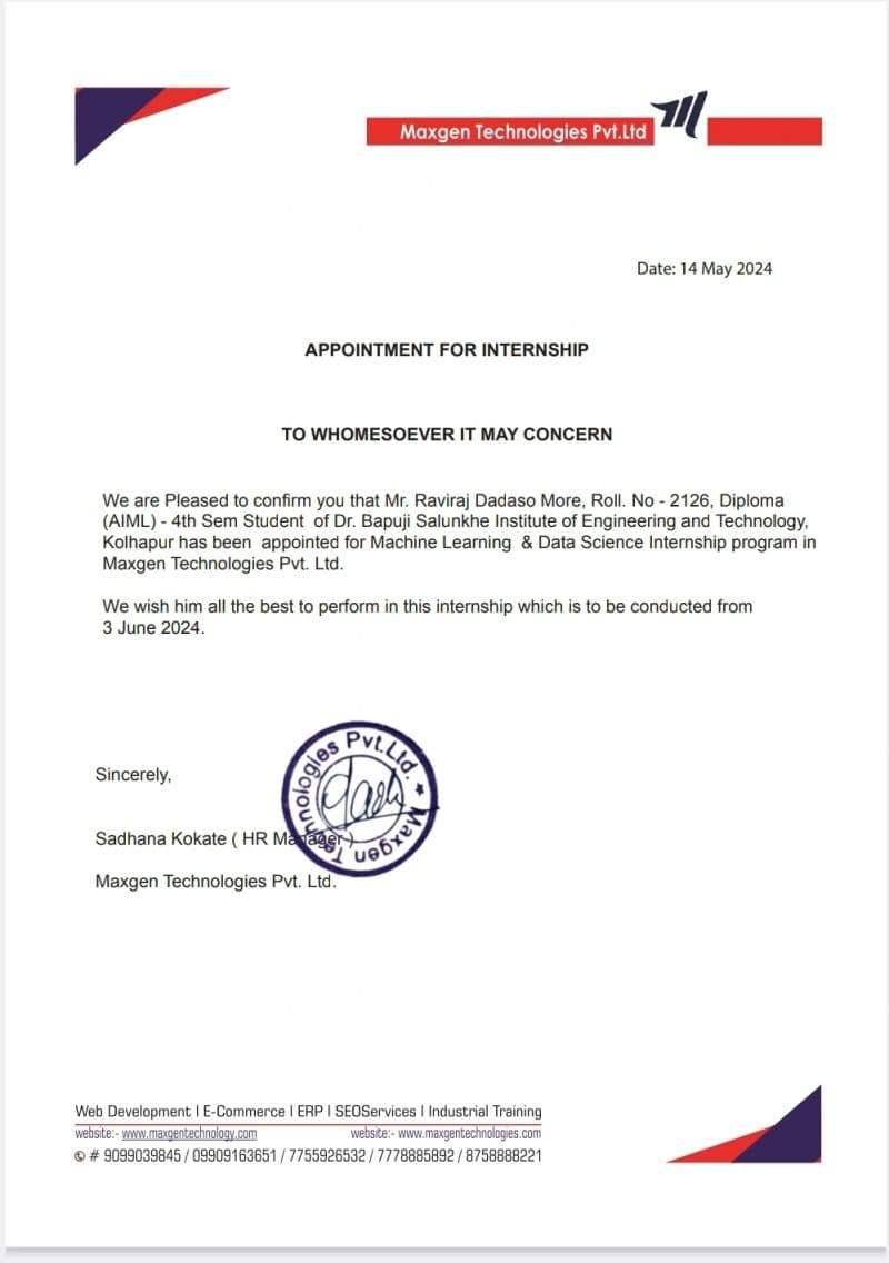Data Science and Machine Learning Intern experience letter