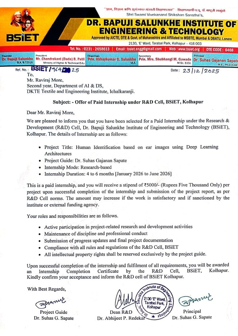 Research Intern - AI, Computer Vision and Biometric Recognition experience letter